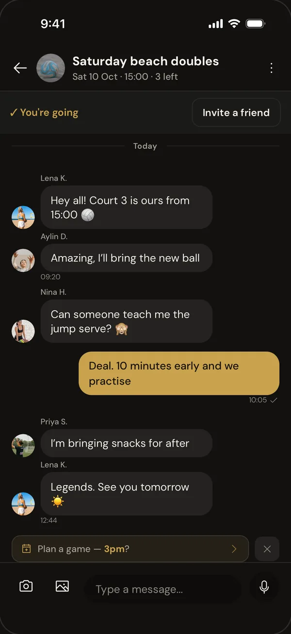 The group chat for the game Saturday beach doubles, with a 'You're going' bar, an Invite a friend button and messages from the players.