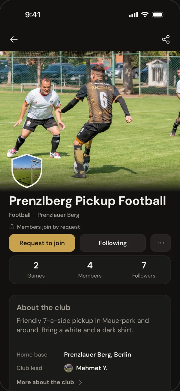 A PlayKo club page for Prenzlberg Pickup Football with a football cover photo, Request to join and Following buttons, game, member and follower counts and an About the club card.
