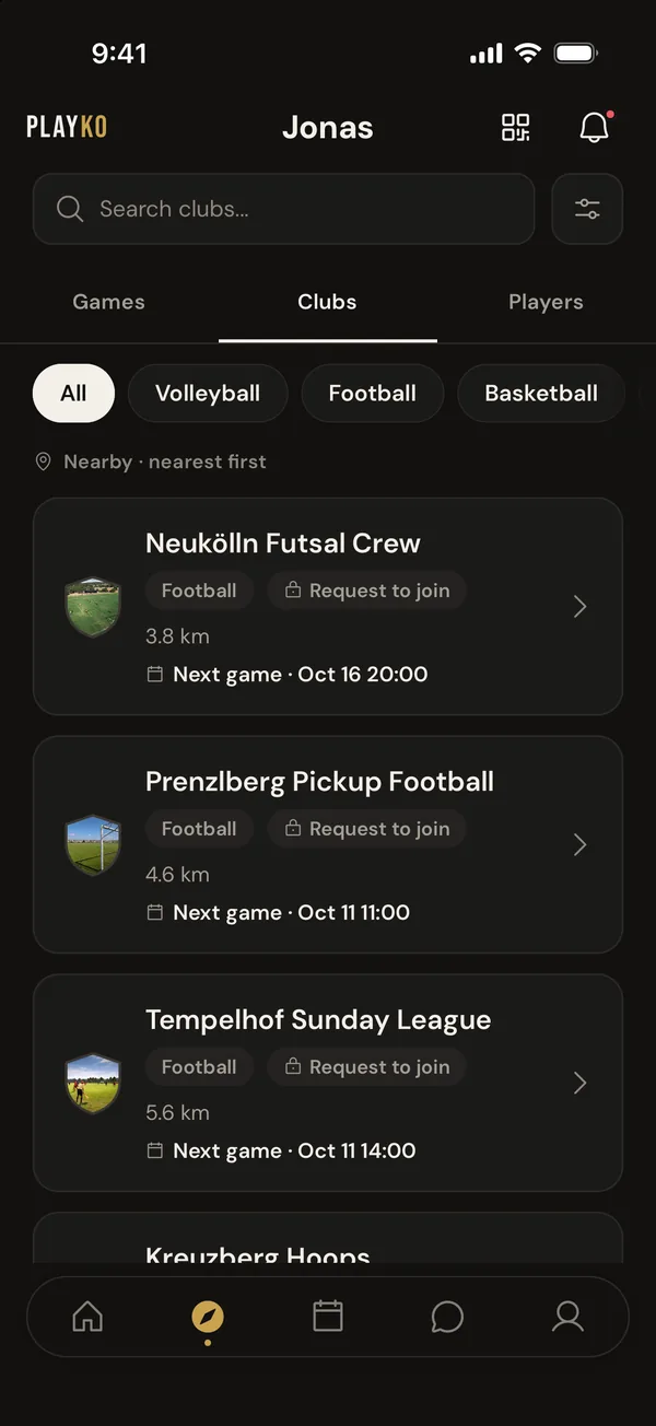 The PlayKo Discover tab on Clubs: football and basketball clubs in Berlin, nearest first, each with a Request to join label, its distance and its next game.