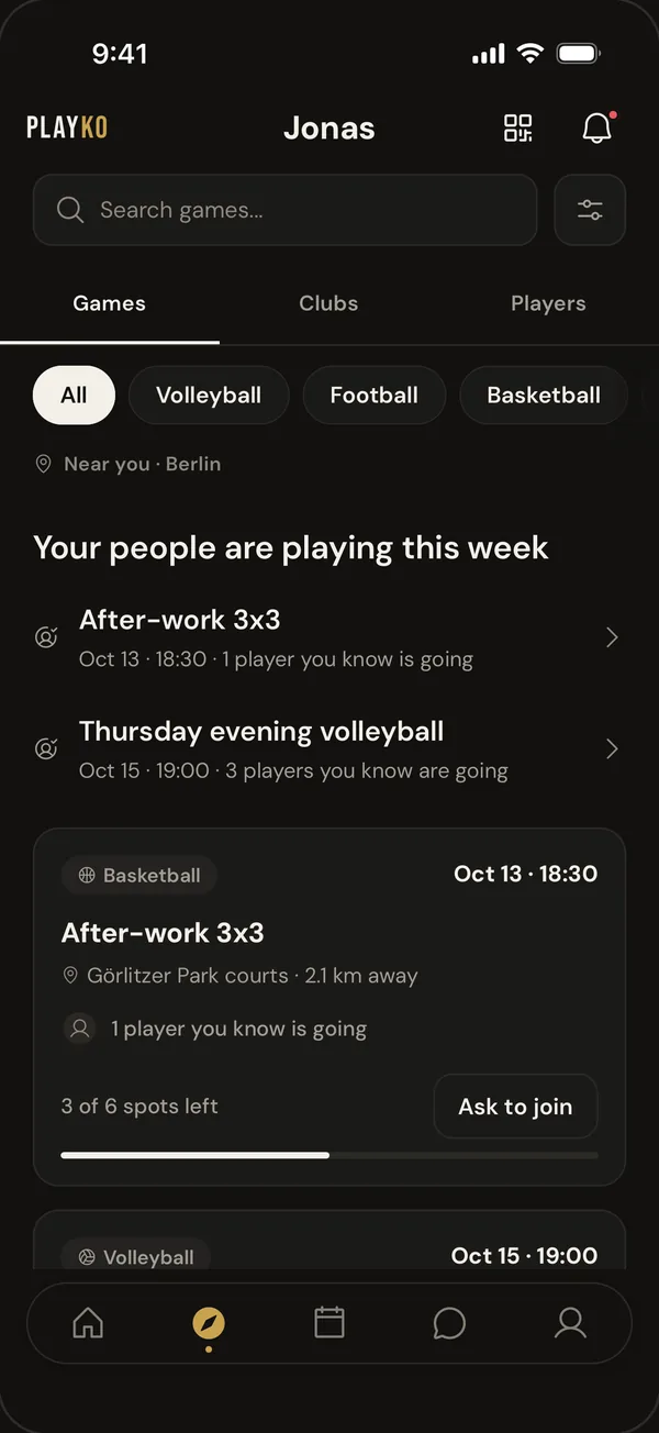 The PlayKo Discover tab: games near you in Berlin, with sport filters, the games your people are playing this week and an After-work 3x3 basketball game showing 3 of 6 spots left and an Ask to join button.