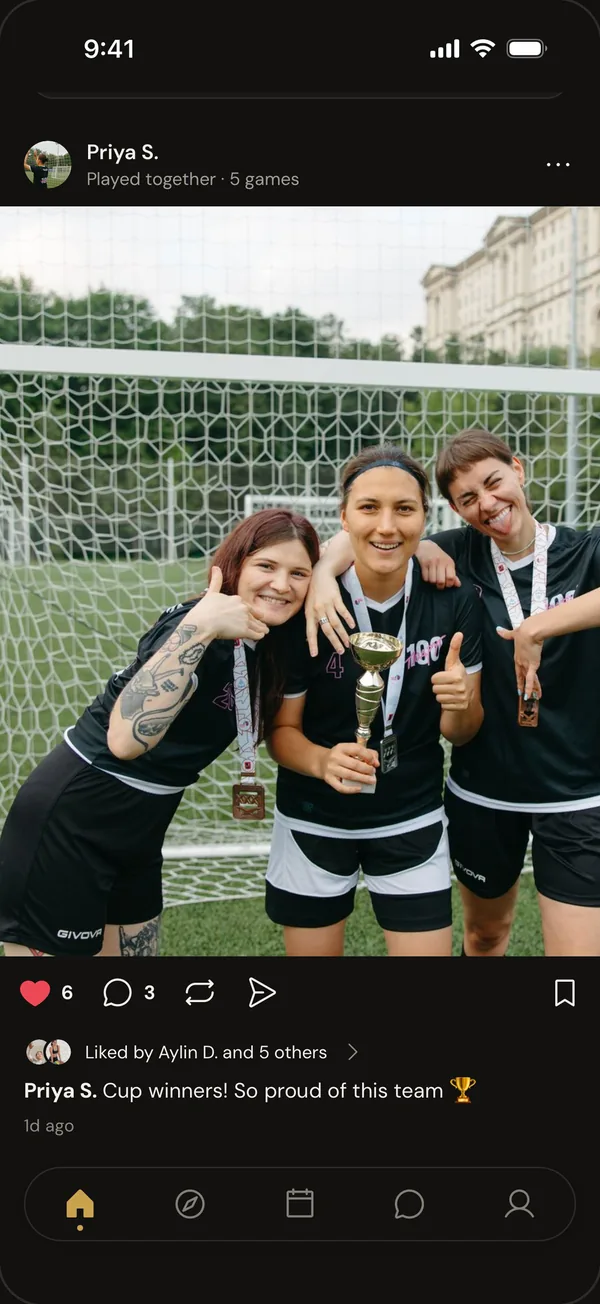 The PlayKo home feed showing a moment: three football players celebrating with a cup and medals, posted by a player, with likes and comments.